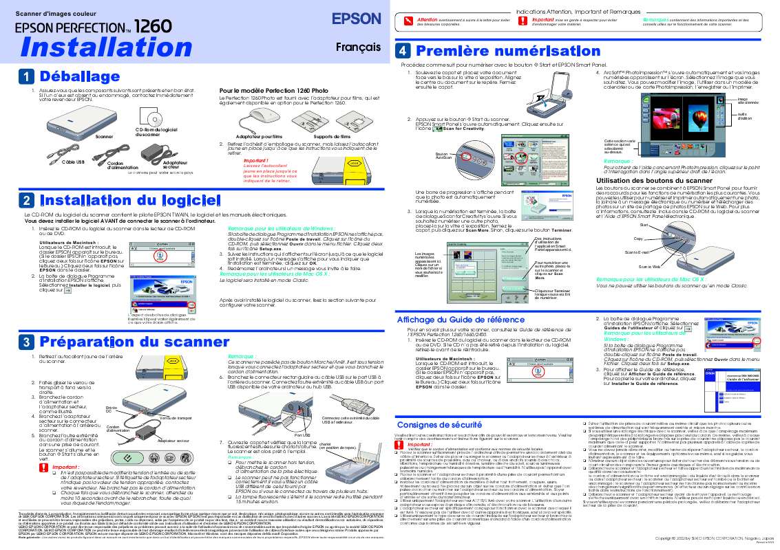 Notice EPSON PERFECTION 1260 - scanner Trouver une solution à un ...